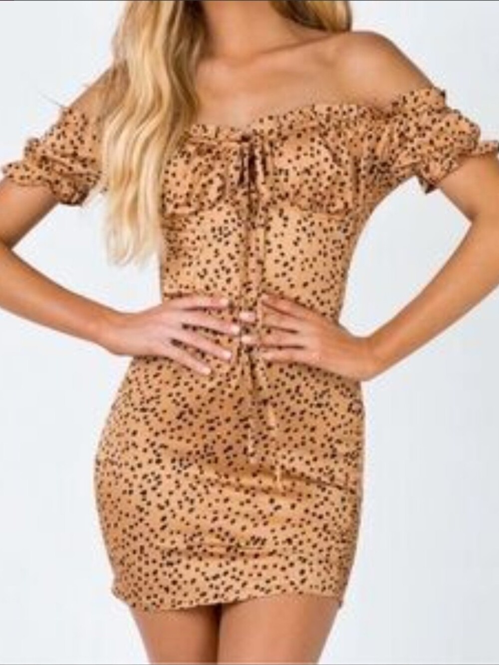Prince Off-Shoulder Dont Be Salty Tan Polka Dot Mini Dress Size 0